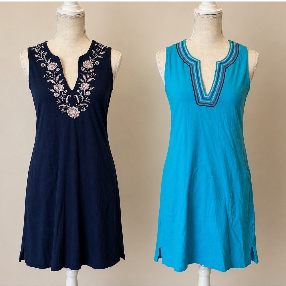 Lands End Womens Dress Bundle Navy Blue Sleeveless Embroidered Cotton XS